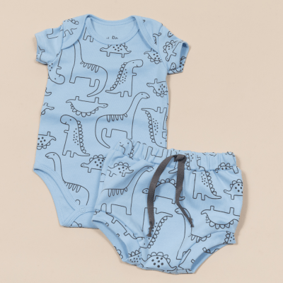 CONJUNTO BODY MANGA CURTA E CALÇA AZUL ESTAMPA DINOSSAURO
