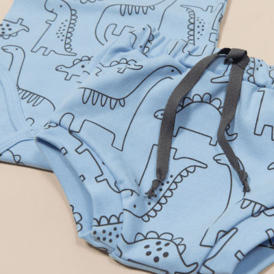 CONJUNTO BODY MANGA CURTA E CALÇA AZUL ESTAMPA DINOSSAURO