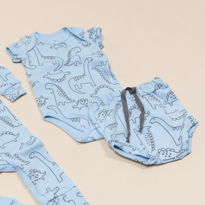 CONJUNTO BODY MANGA CURTA E CALÇA AZUL ESTAMPA DINOSSAURO