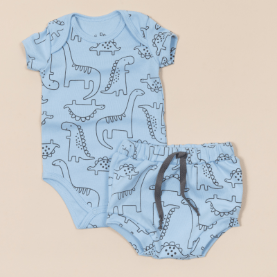 CONJUNTO BODY MANGA CURTA E CALÇA AZUL ESTAMPA DINOSSAURO