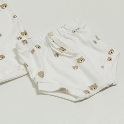CONJUNTO BODY MANGA  CURTA E TAPA FRALDAS OFF WHITE COM ESTAMPA DE URSOS