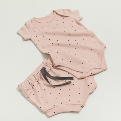 CONJUNTO BODY MANGA  CURTA E TAPA FRALDAS ROSA COM ESTAMPA DE POÁ MINI